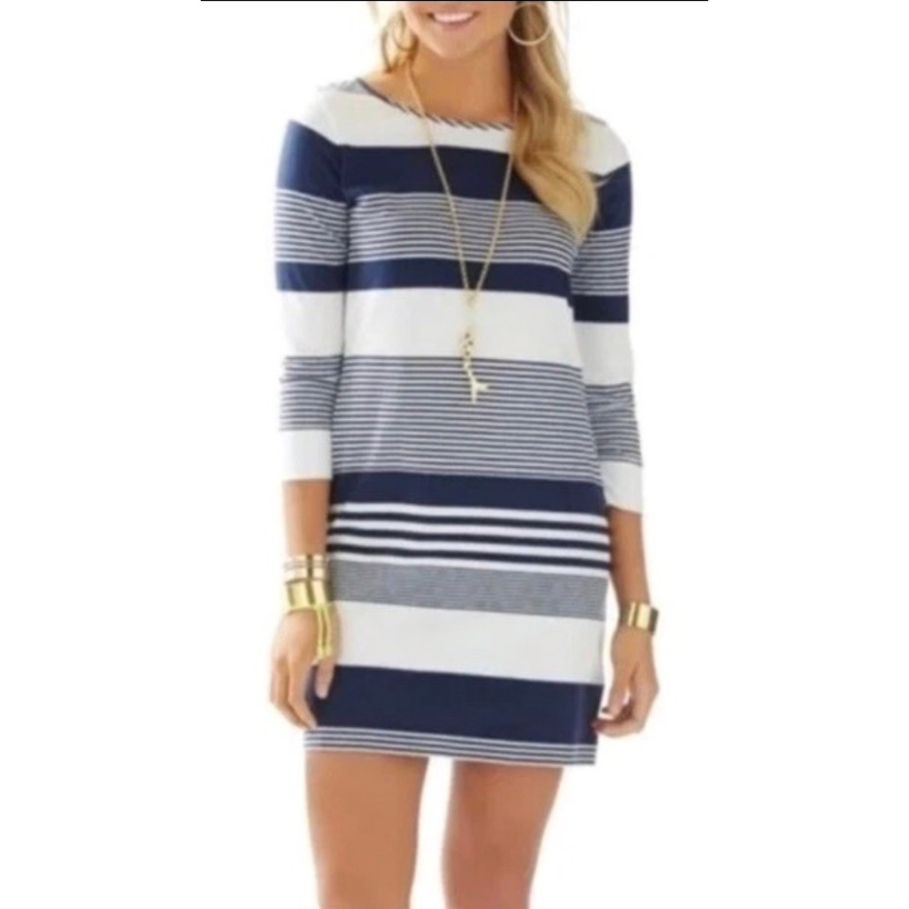 Lilly‎ Pulitzer Striped Pima Cotton T-Shirt Dress Navy White 3/4 Sleeve Small
